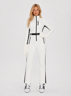 Zephrina Jorunn contrast-piped belted one-piece ski suit in white with black panels