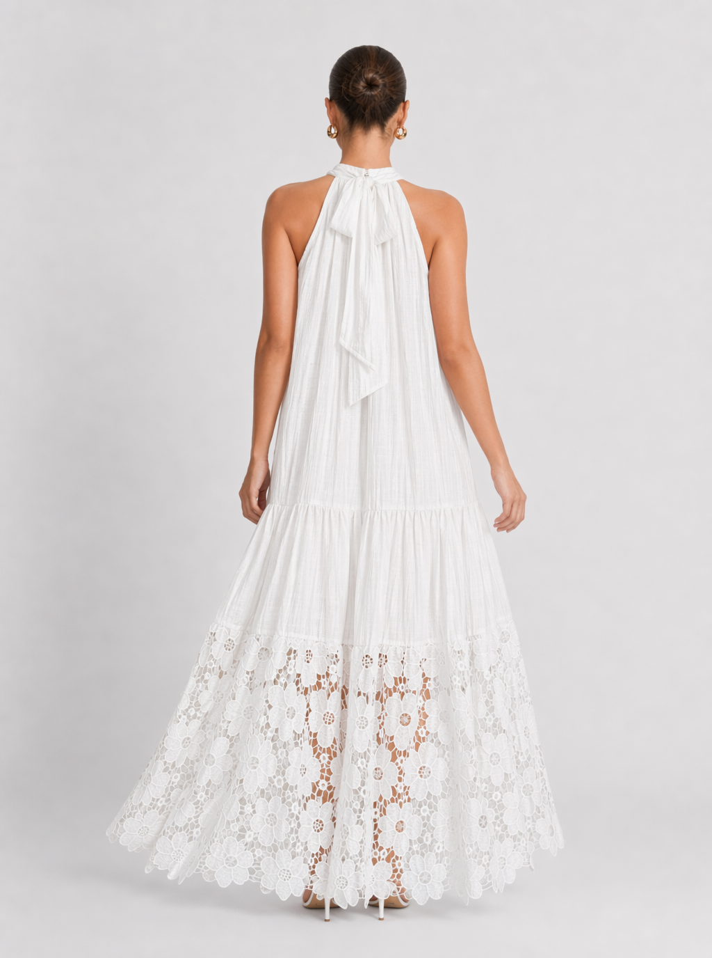 Zephrina White Floral Lace Halter Tiered Maxi Dress