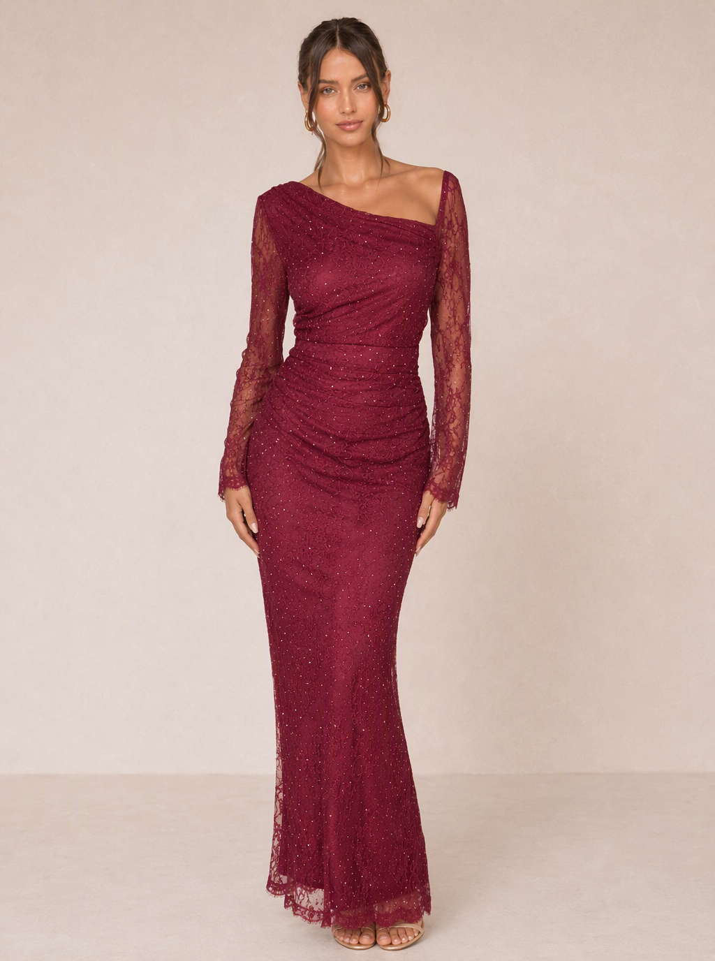 Zephrina Ismerie long-sleeve lace maxi dress in burgundy