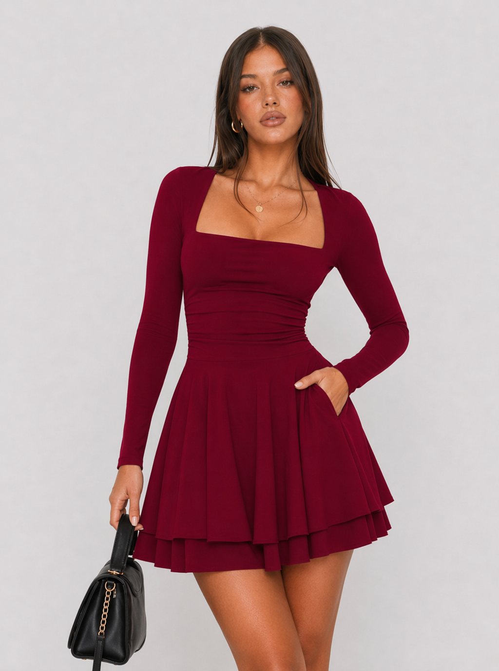 Zephrina Amelia square neck knit mini dress in burgundy