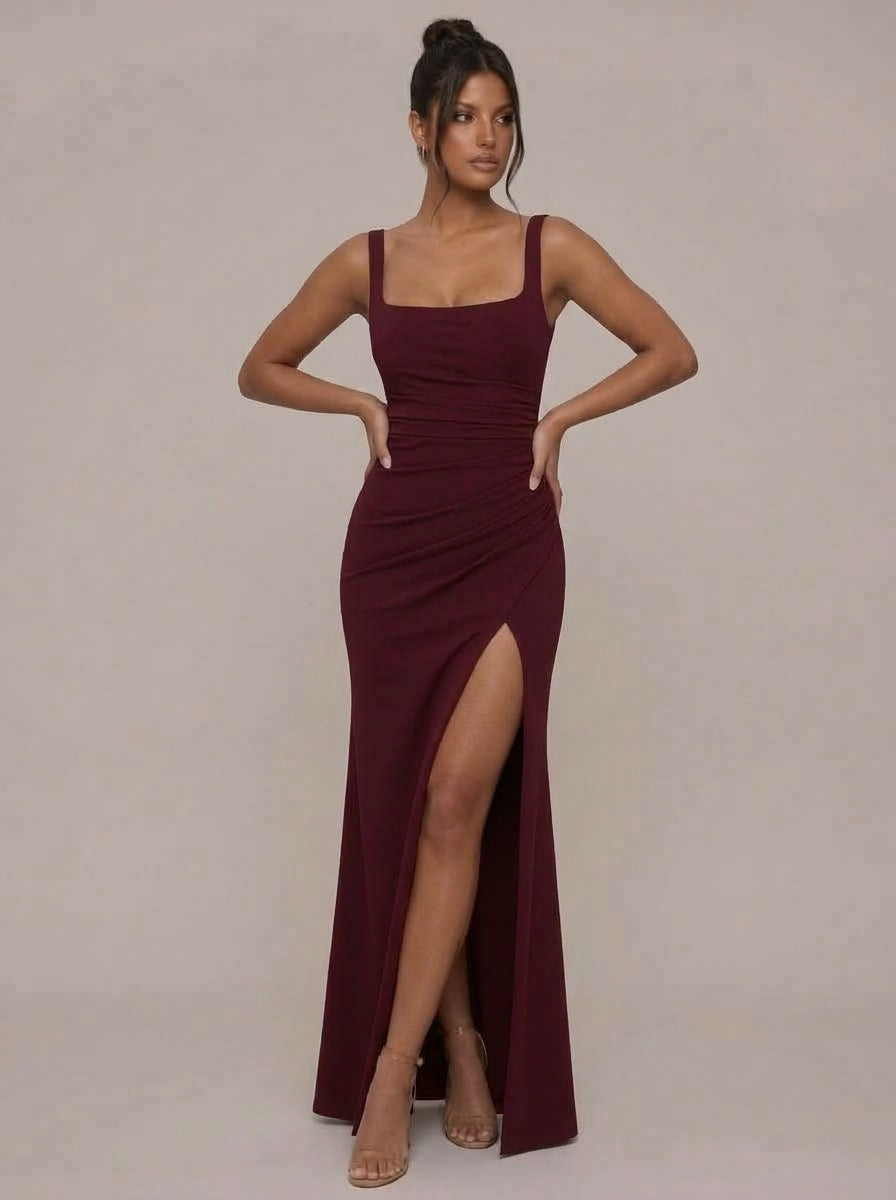 Zephrina Verity square-neck slit maxi dress in black