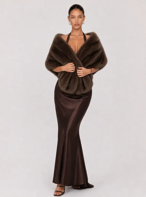 Zephrina Marietta draped faux-fur shawl in coffee