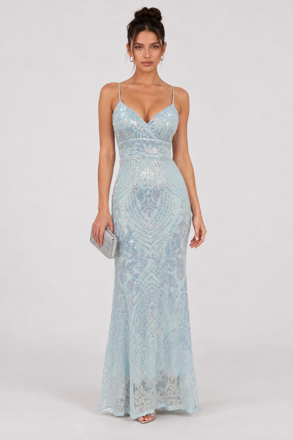 Zephrina Celandina patterned sequin maxi dress in sky blue