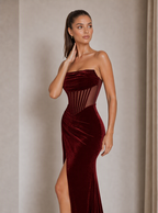 Zephrina Jessamyn sheer-corset velvet maxi dress in burgundy