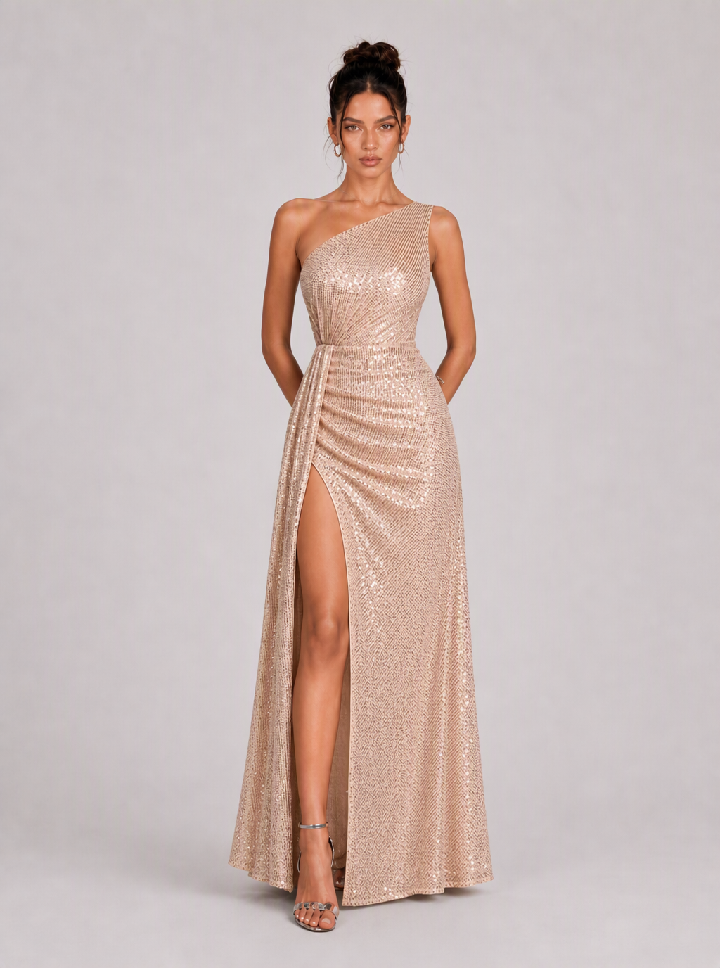 Zephrina Donatella one-shoulder sequin slit maxi dress in black