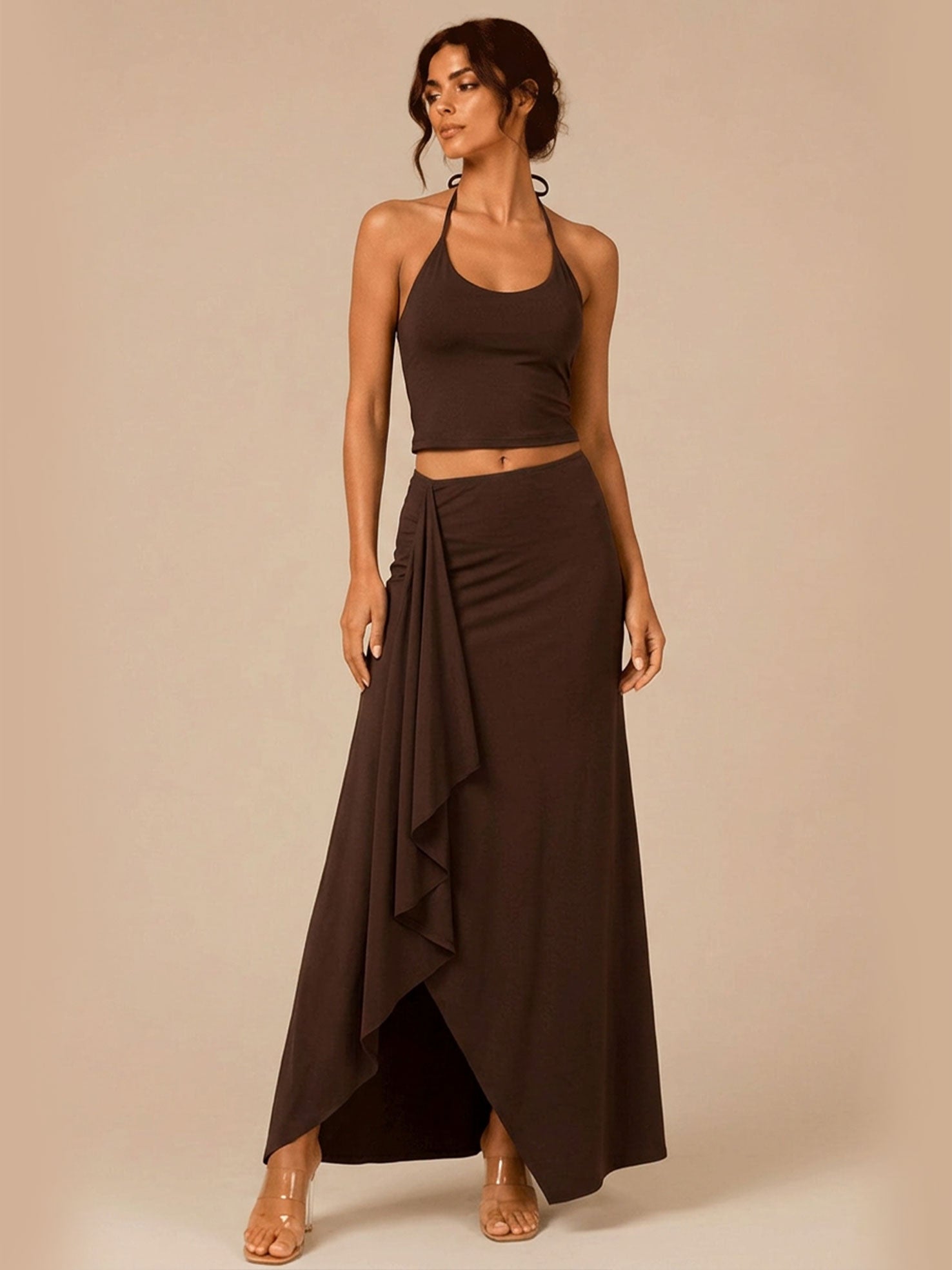 Zephrina Halter Neck Draped Maxi Skirt Set