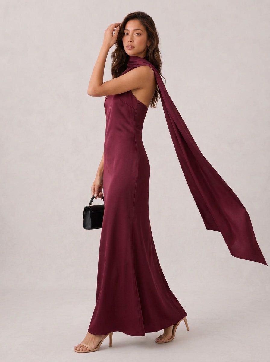 Zephrina Quirina scarf satin maxi dress in burgundy