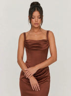 Zephrina Renata draped satin maxi dress in brown