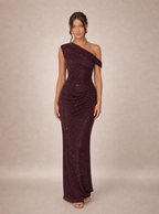Zephrina Hannelore asymmetric ruched maxi dress in burgundy