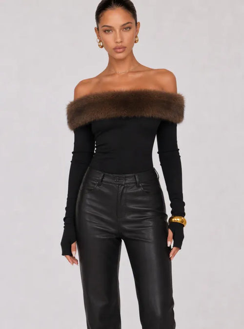 Zephrina Leonora faux-fur off-shoulder knit top in black