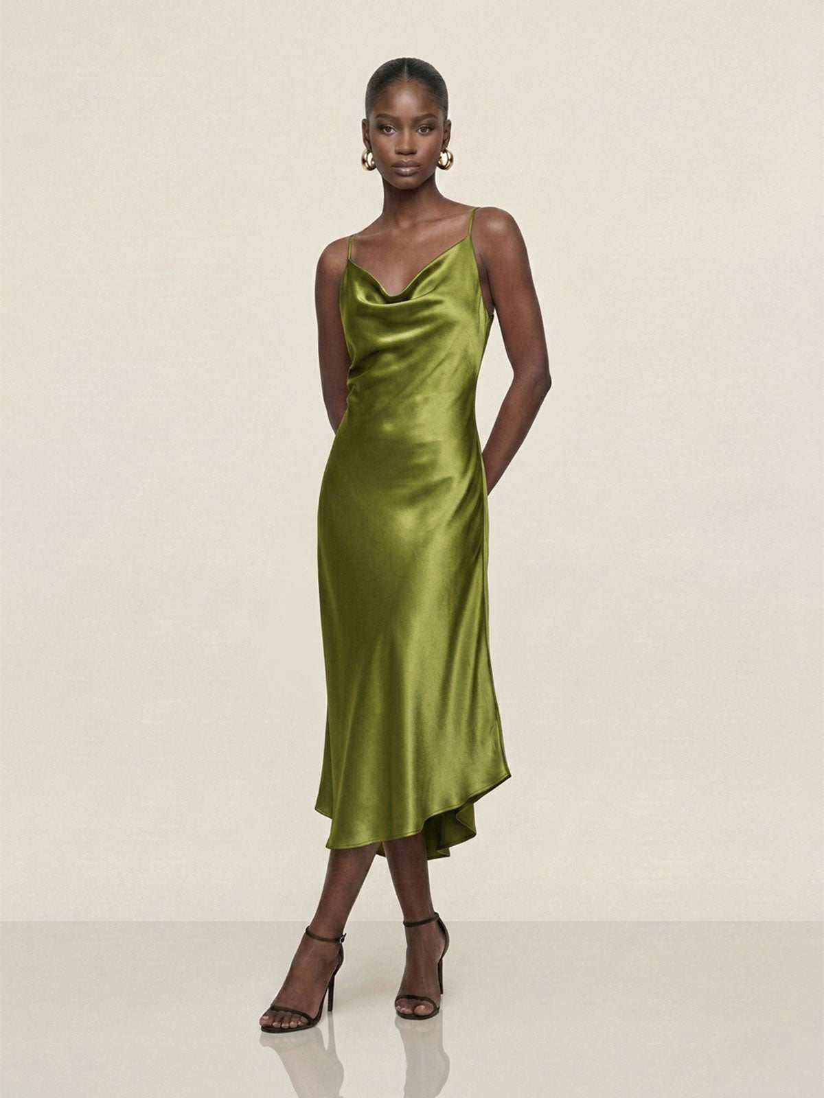 Satin Cowl-Neck Slip Midi Dress