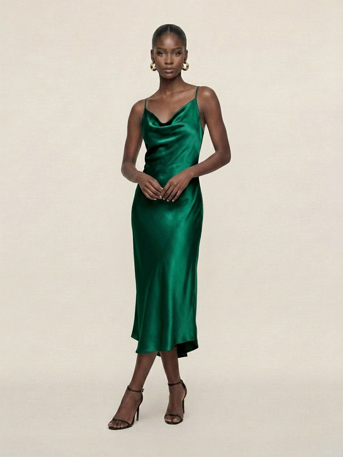 Satin Cowl-Neck Slip Midi Dress