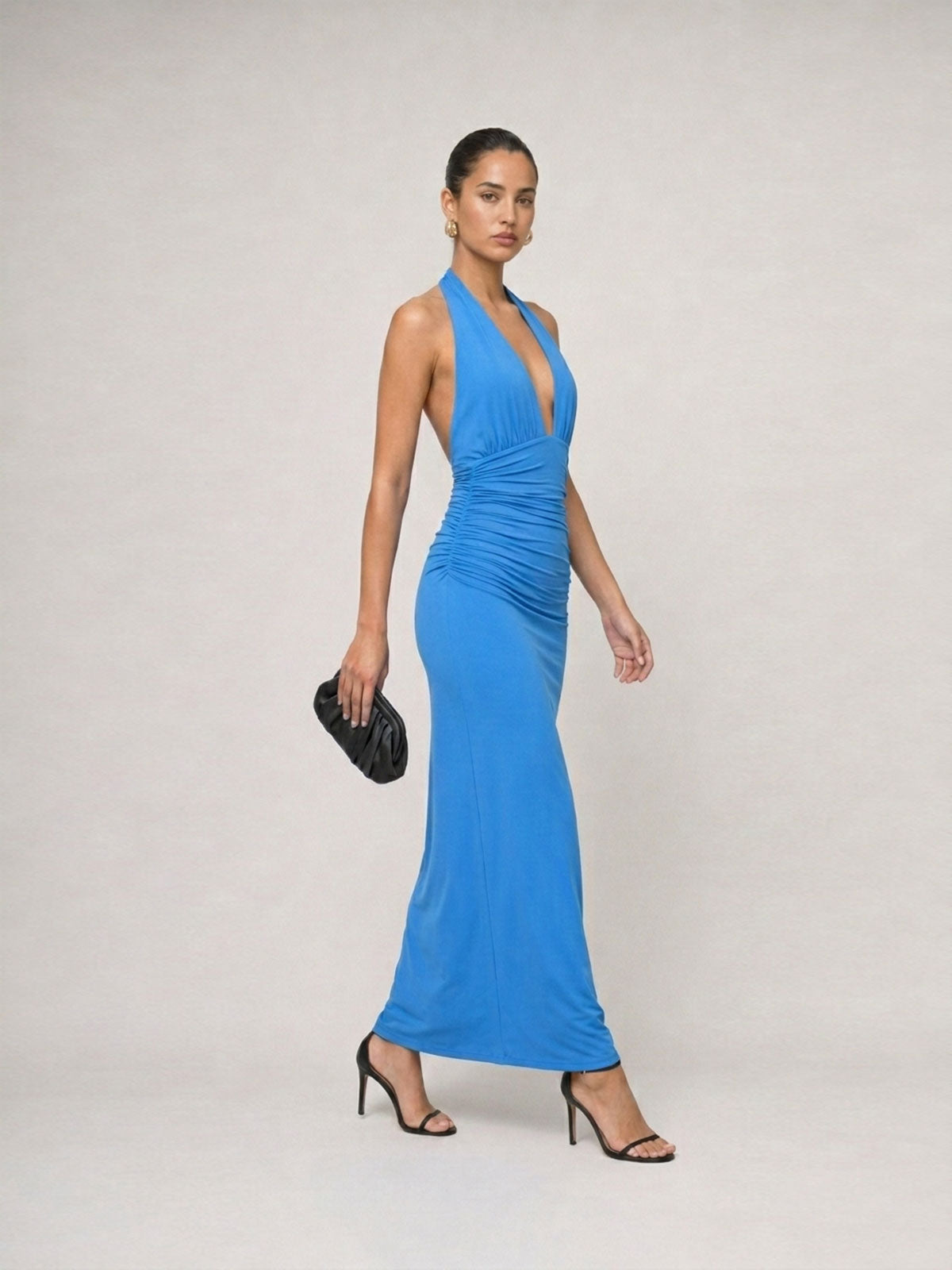 Open-Back Ruched Halter Maxi Dress