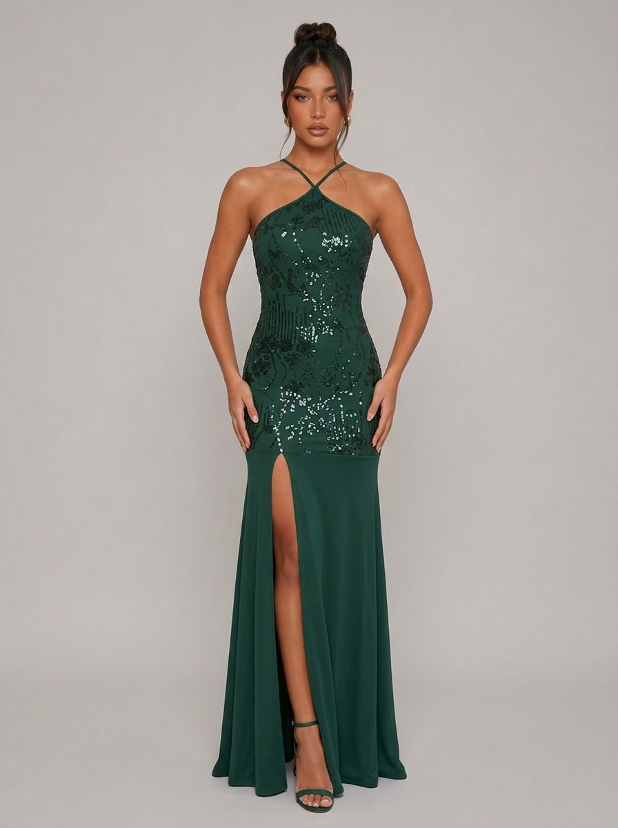 Zephrina Solara sequin halter maxi dress in coffee