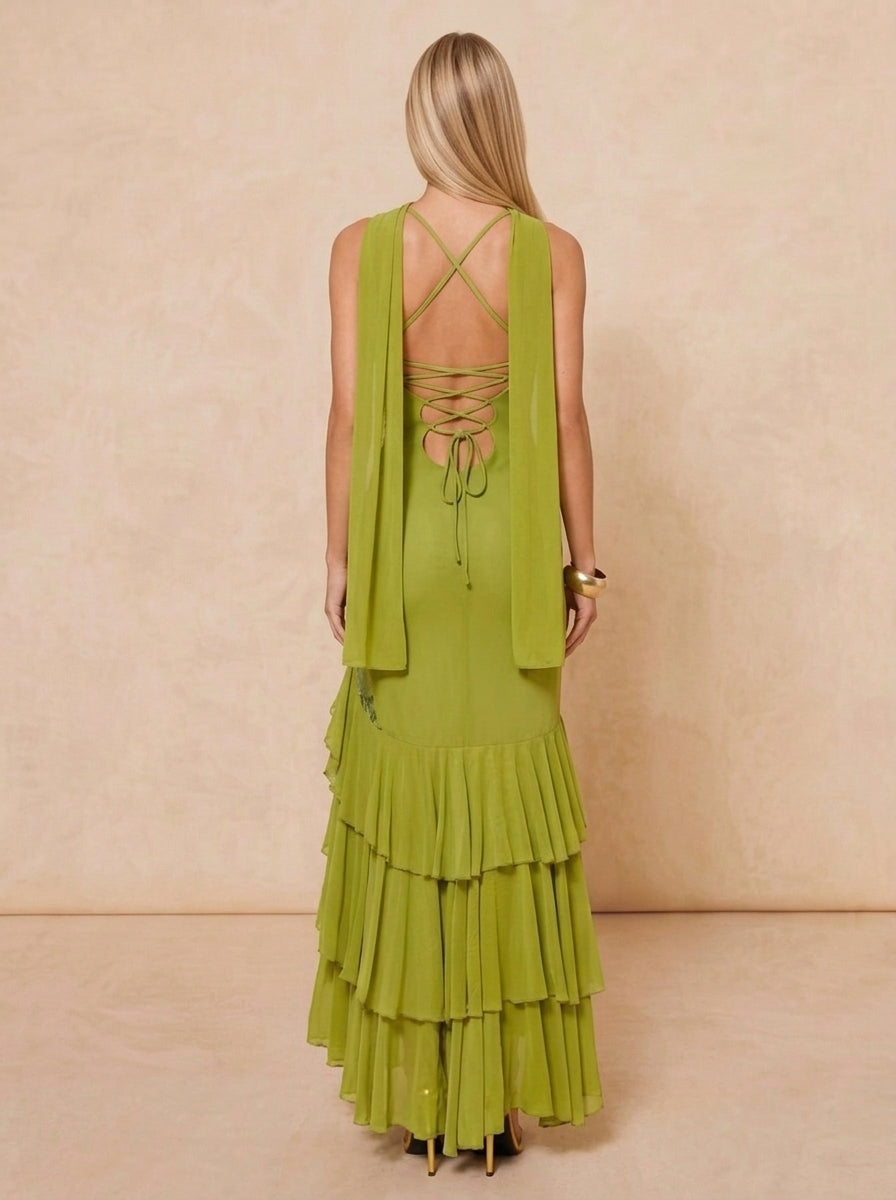 Zephrina Aurette sequin ruffle maxi dress in green