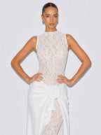 Zephrina white rosette lace-panel maxi dress with high neckline