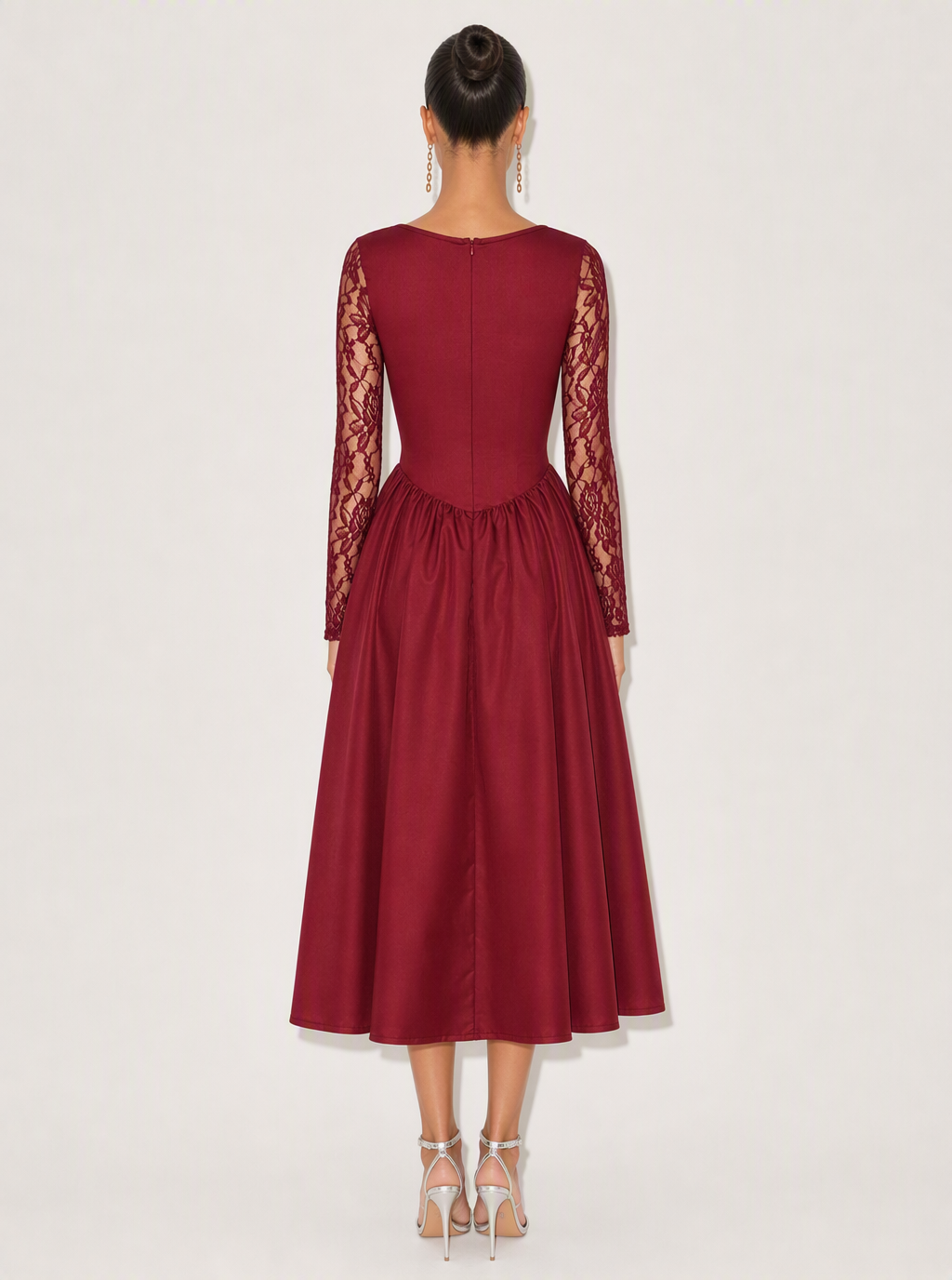 Zephrina Rowena lace sleeve midi dress in burgundy