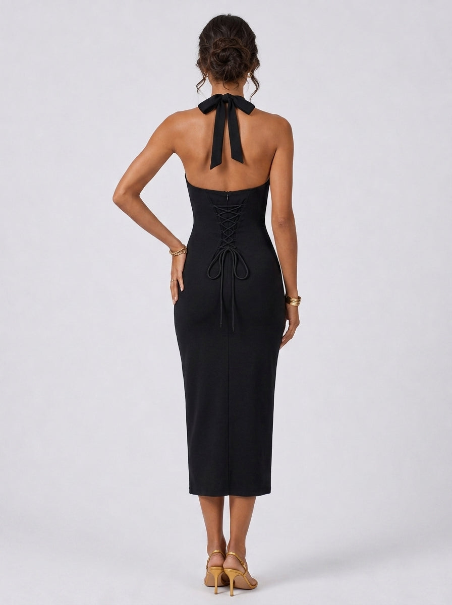 Zephrina Sabine lace halter midi dress in black