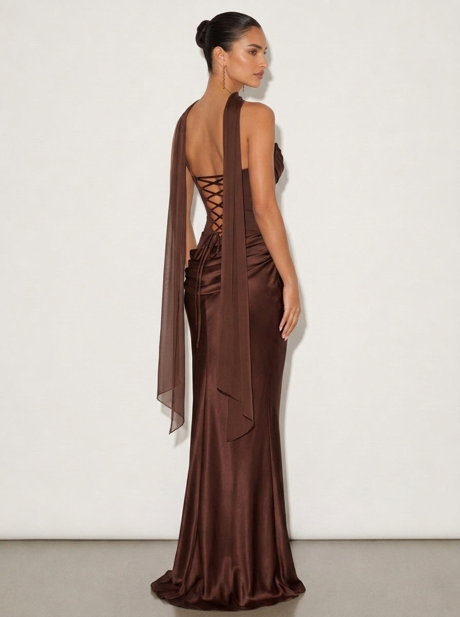 Zephrina Maristella scarf-neck maxi dress in brown