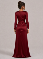 Zephrina Valentina draped satin slit maxi dress in black
