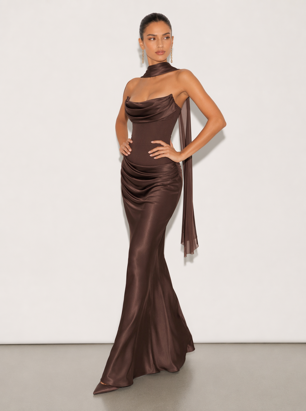 Zephrina Maristella scarf-neck maxi dress in brown