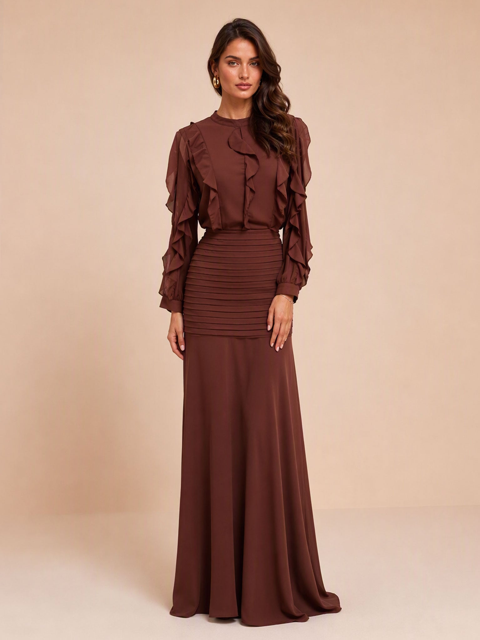 Zephrina Elspeth ruffle chiffon maxi dress in brown