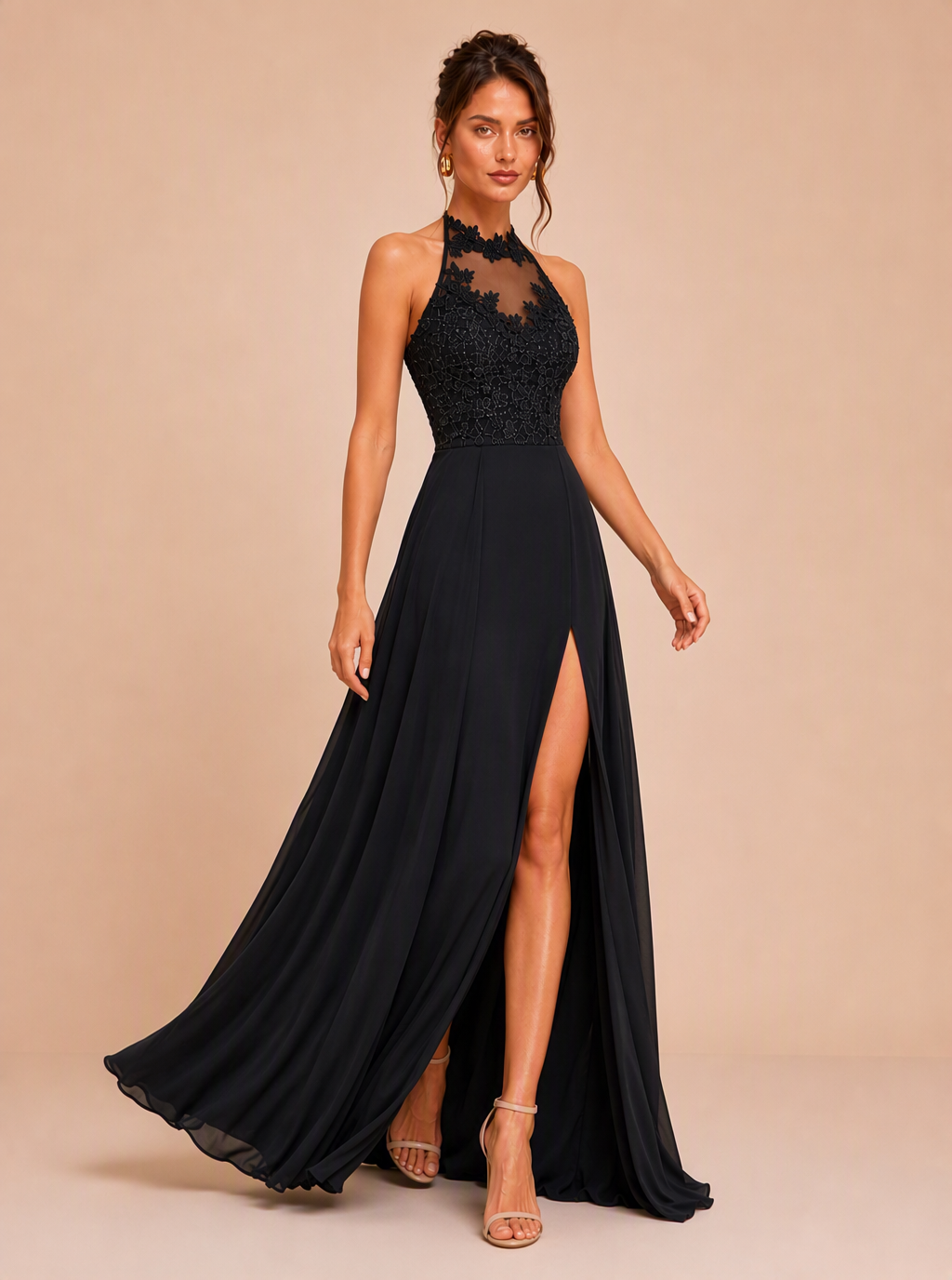 Zephrina Anouk lace bodice slit maxi dress in black