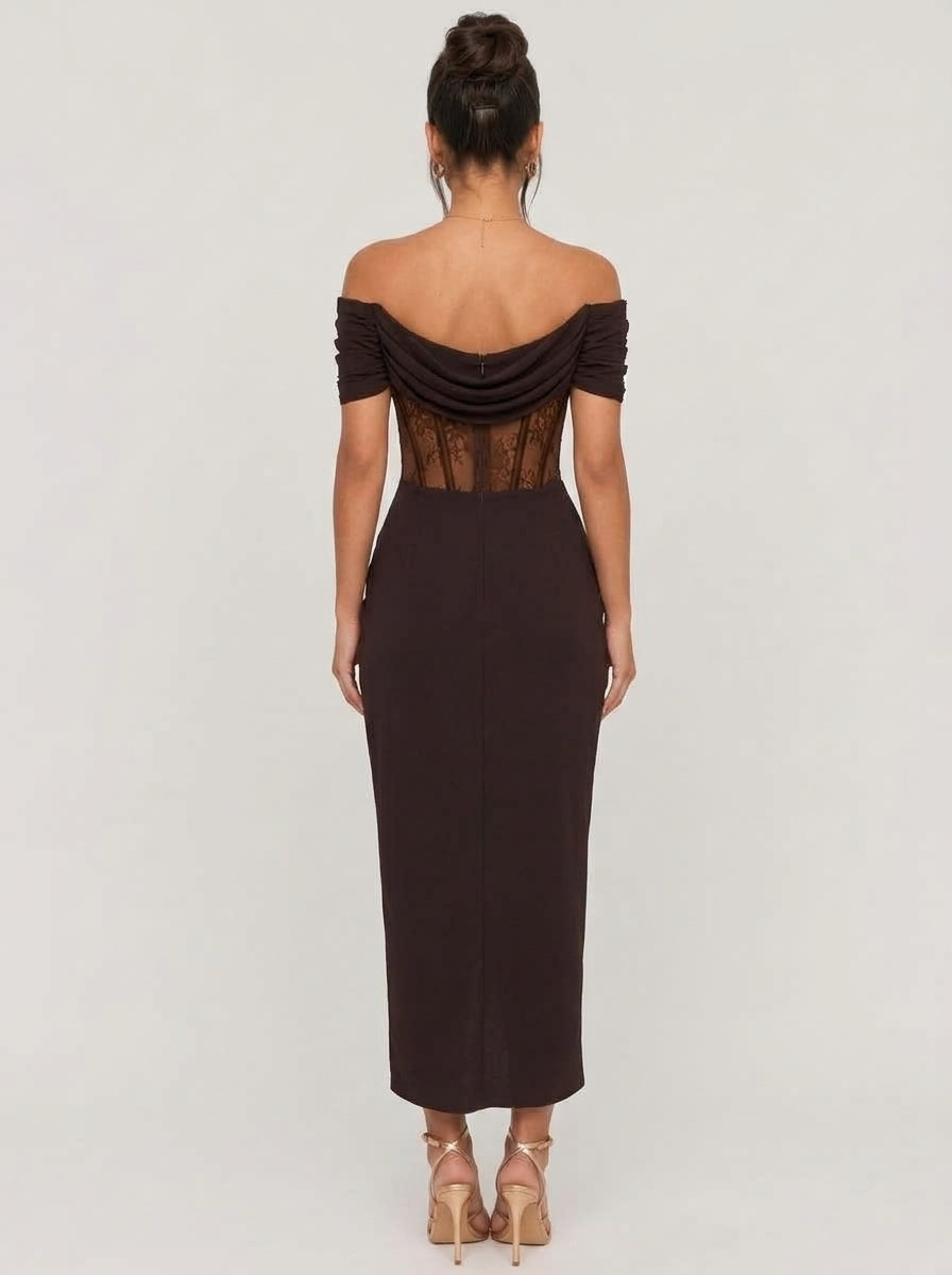 Zephrina Vienne lace drape midi dress in brown