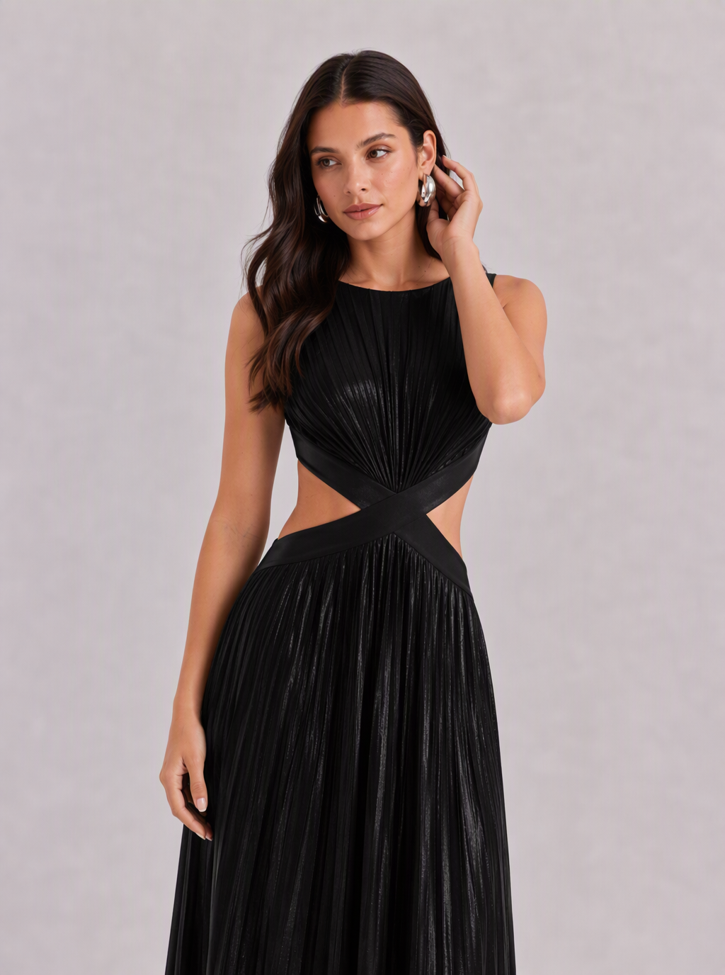 Zephrina Adelheid cutout metallic pleated maxi dress in black
