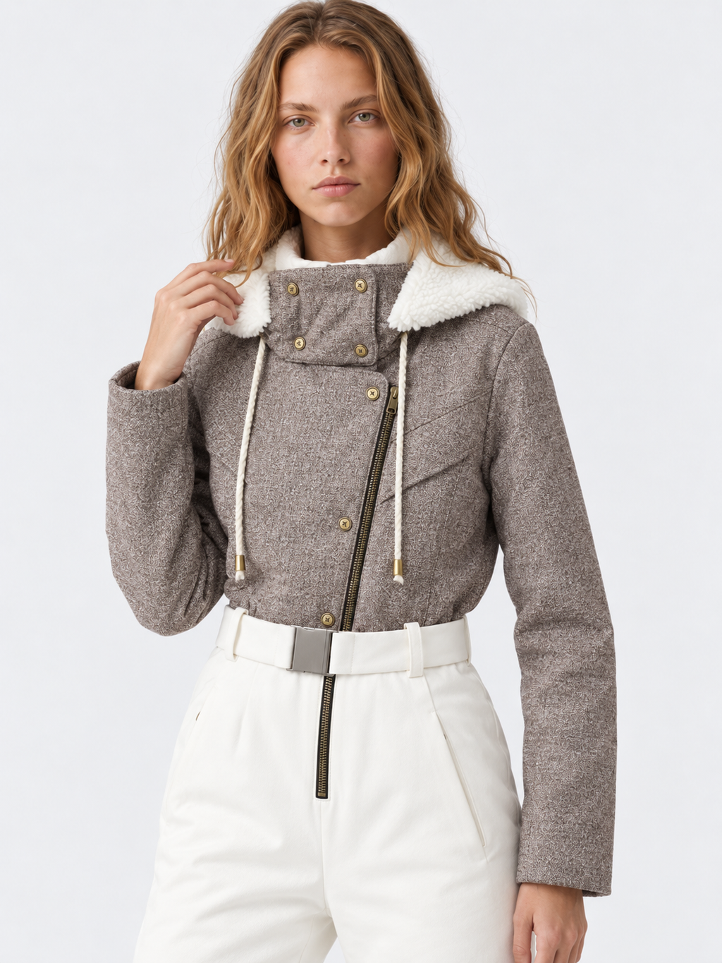 Zephrina Zosia textured contrast one-piece ski suit with a light brown bodice and white legs