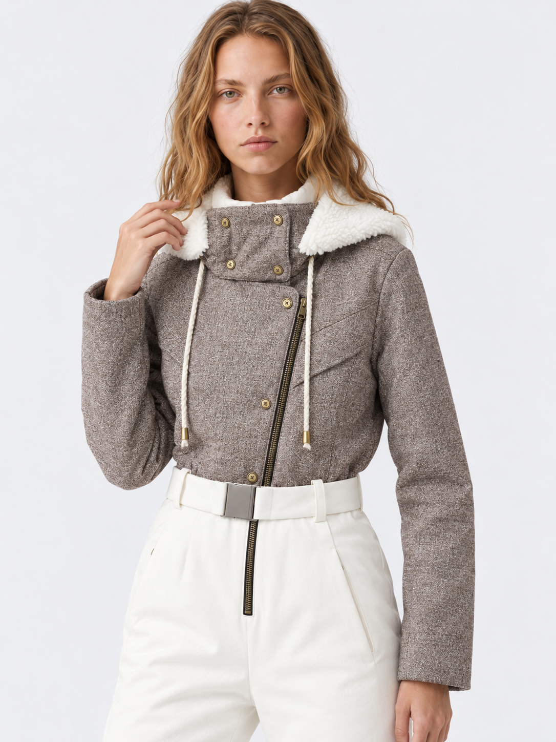 Zephrina Zosia textured contrast one-piece ski suit with a light brown bodice and white legs