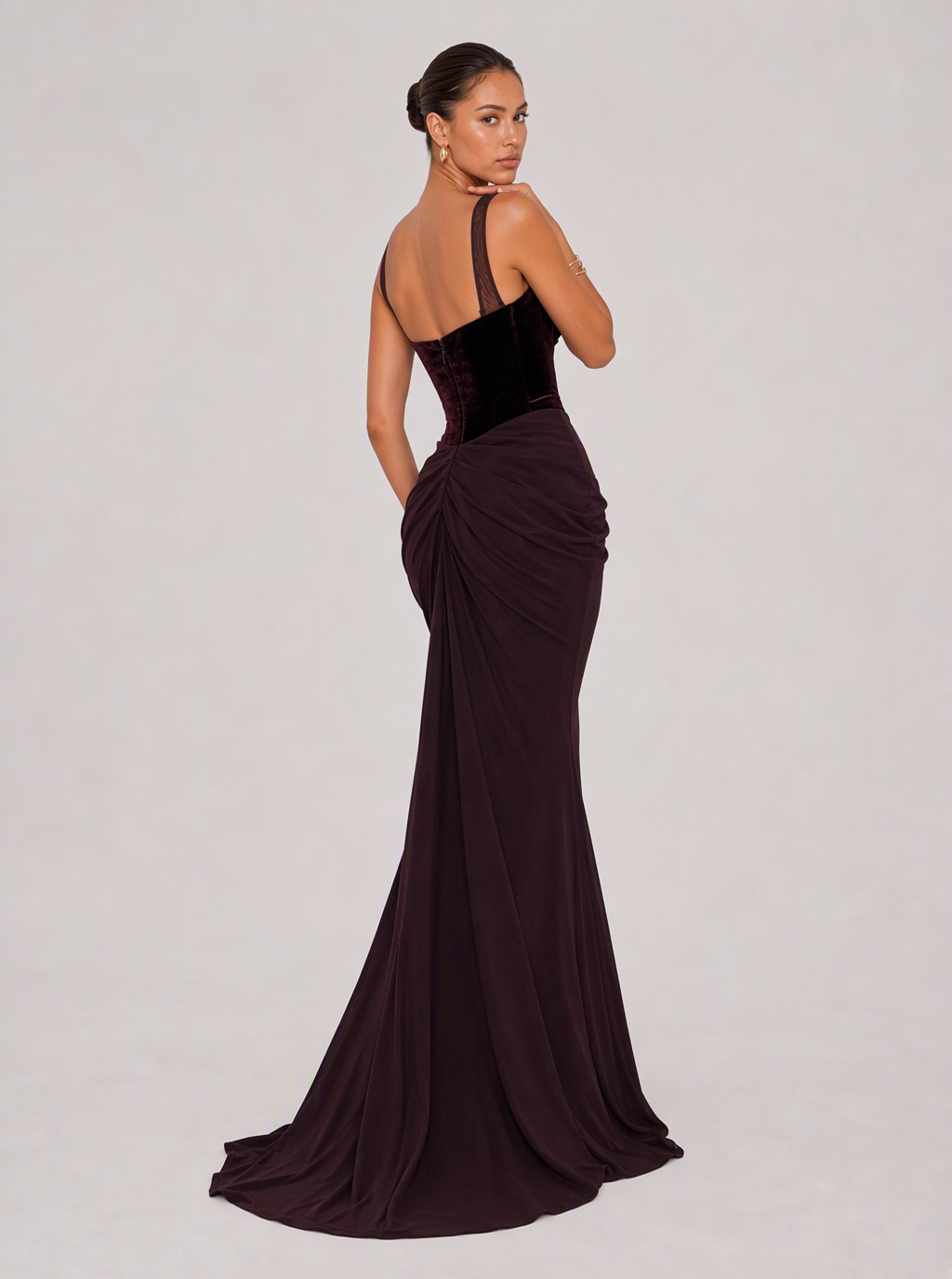 Zephrina Ameline draped velvet maxi dress in deep plum