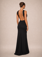 Zephrina Hermine open-back halter slit maxi dress in black