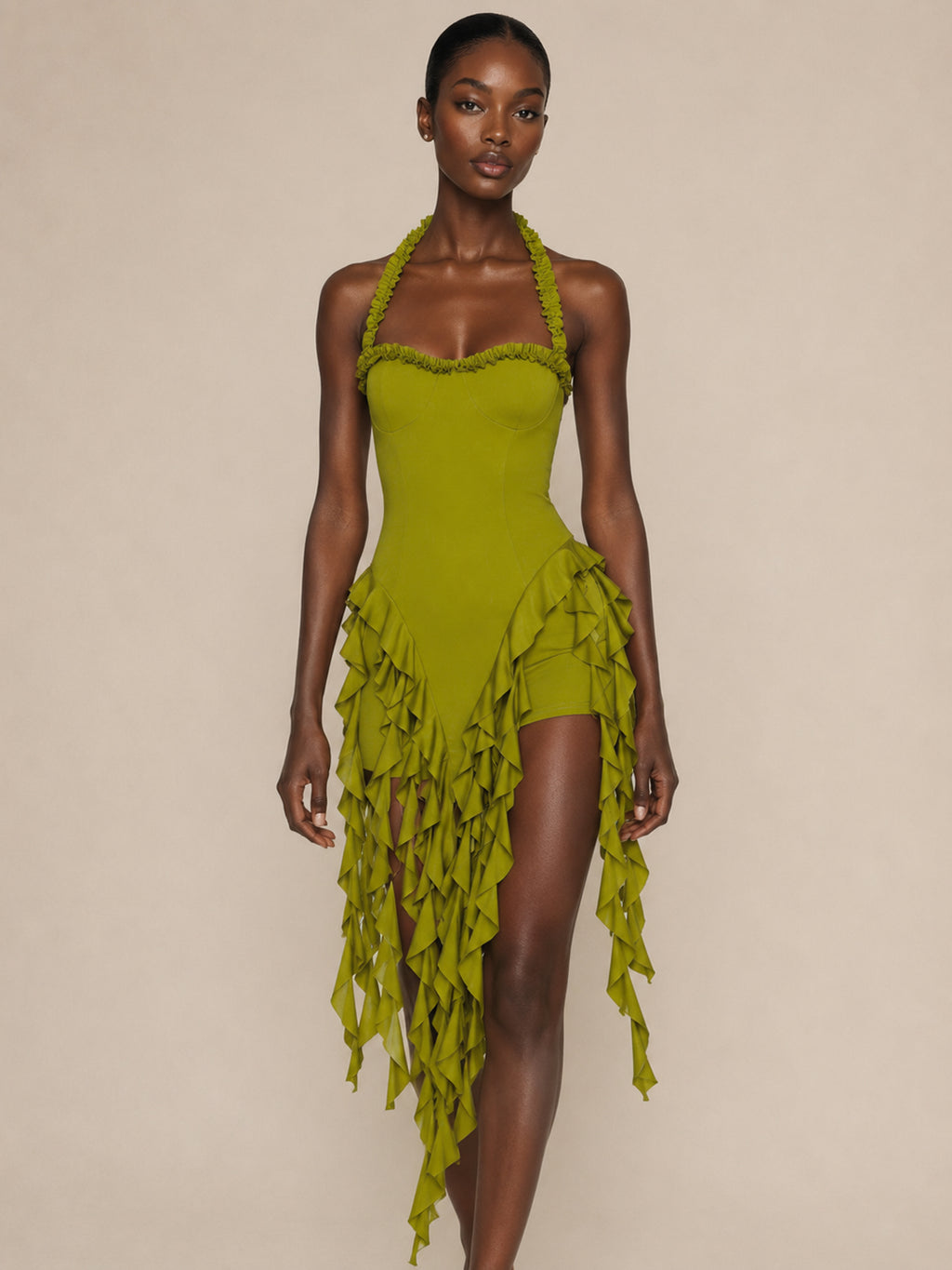Olive Green Fringe Ruffle Halter Mini Dress