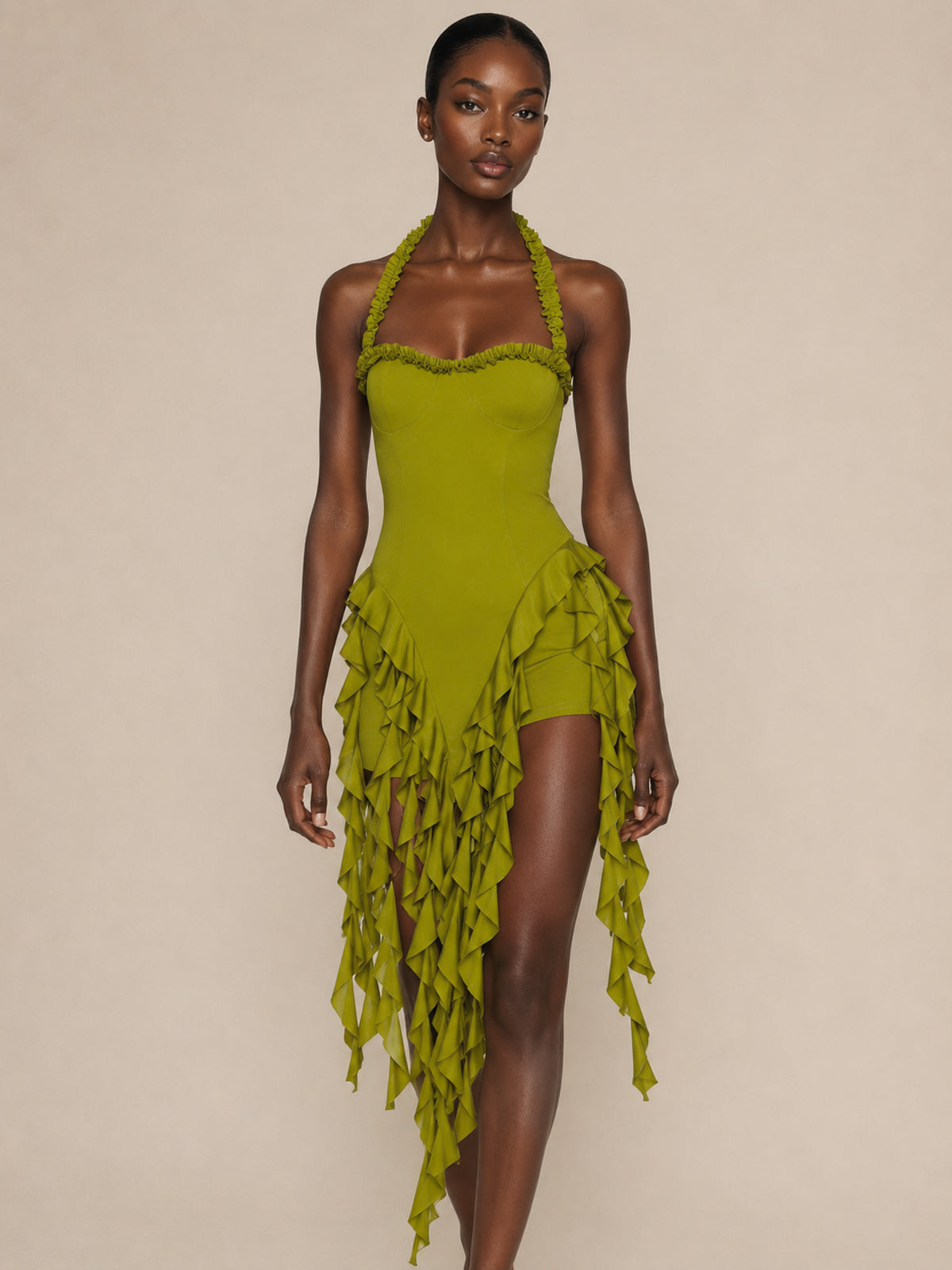 Olive Green Fringe Ruffle Halter Mini Dress