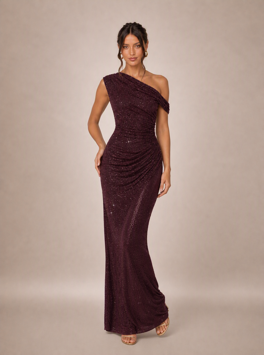 Zephrina Hannelore asymmetric ruched maxi dress in burgundy