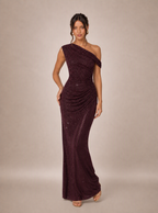Zephrina Hannelore asymmetric ruched maxi dress in burgundy