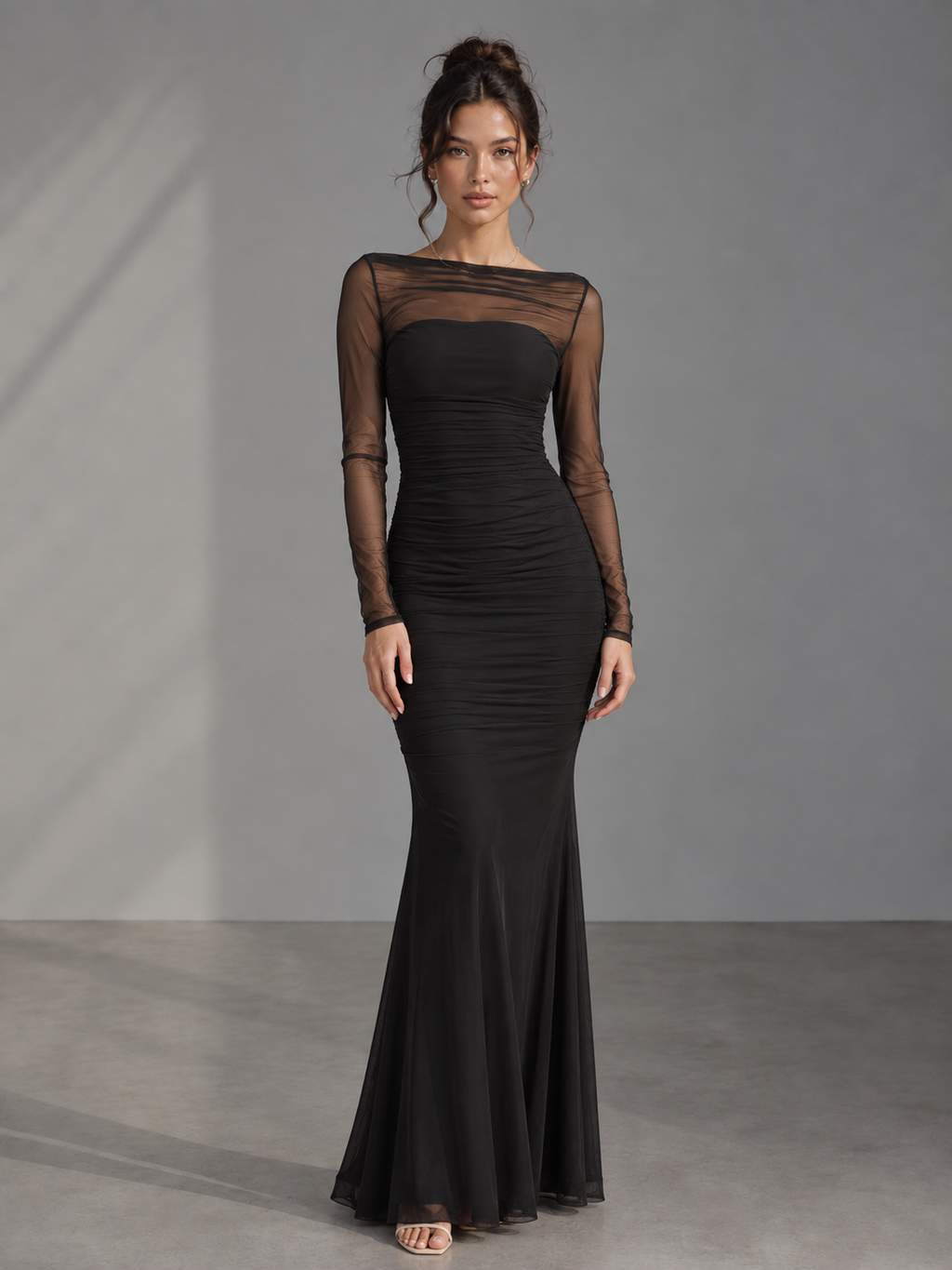 Zephrina Aureline illusion lace maxi dress in black