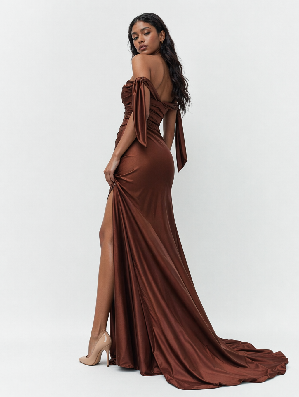 Off-the-Shoulder Ruched Satin Fishtail Slit Formal Evening Dress