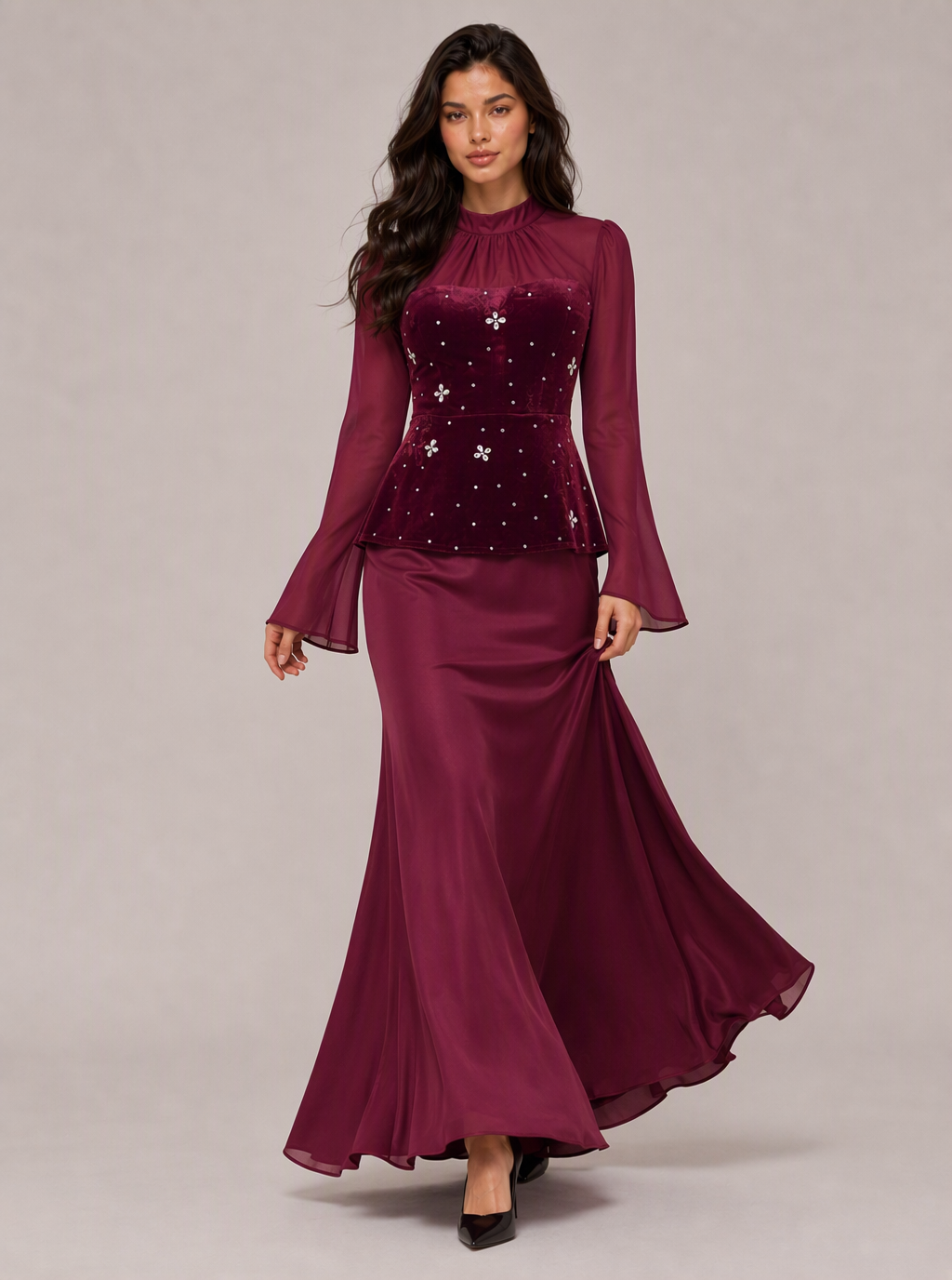 Zephrina Rosalind velvet peplum embellished maxi dress in burgundy