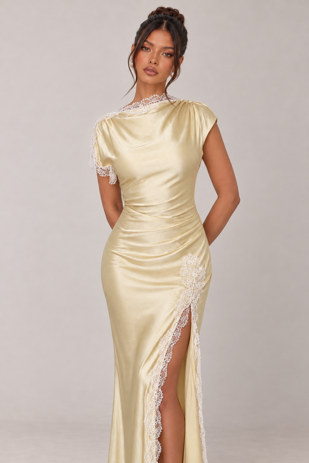 Zephrina Albertina lace-trim satin slit maxi dress in yellow