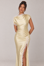 Zephrina Albertina lace-trim satin slit maxi dress in yellow