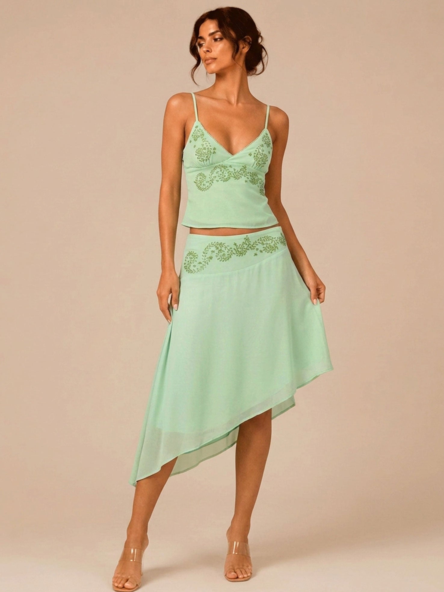 Zephrina Green Floral Embroidery Cami & Asymmetrical Skirt Two Piece Set