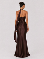Zephrina Philomena halter satin maxi dress in brown