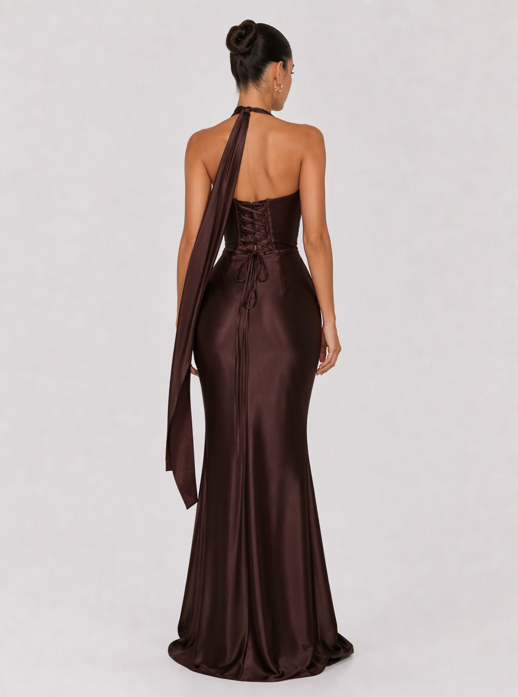 Zephrina Philomena halter satin maxi dress in brown