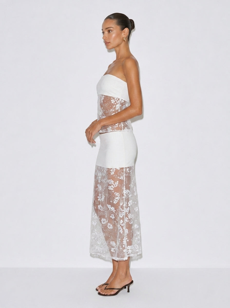 Zephrina white strapless lace column set with sheer skirt