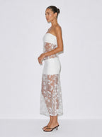 Zephrina white strapless lace column set with sheer skirt