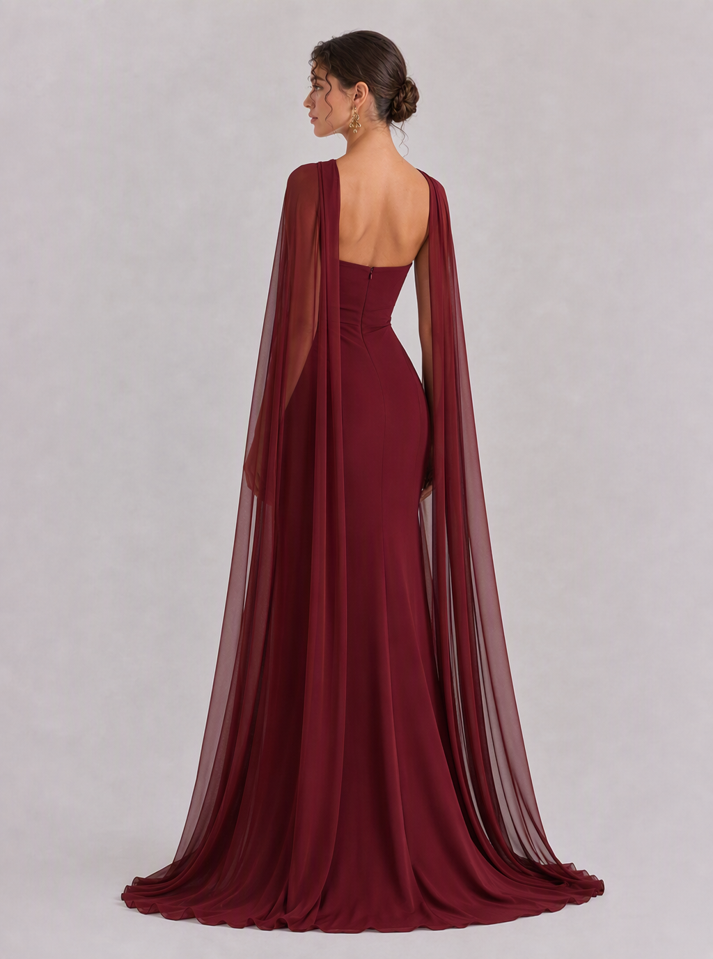 Zephrina Violette cape-sleeve chiffon maxi dress in burgundy