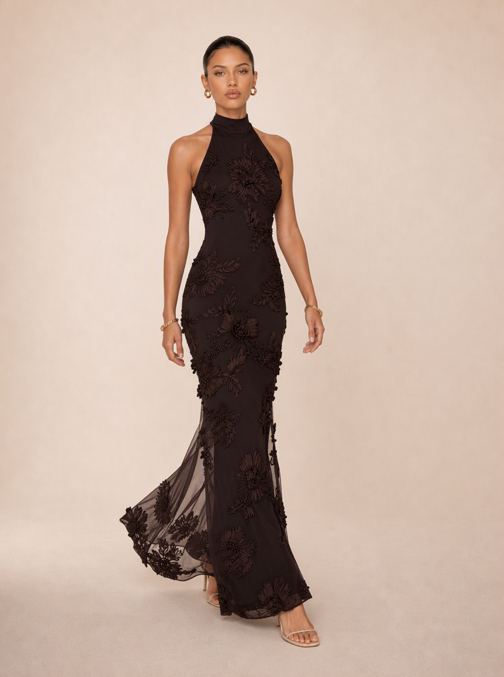 Zephrina Josette embroidered mesh maxi dress in chocolate