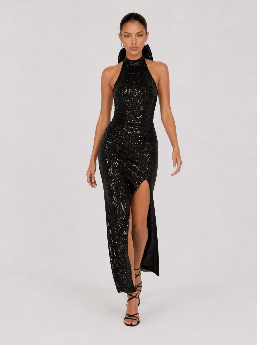 Zephrina Violetta halter sequin slit maxi dress in black